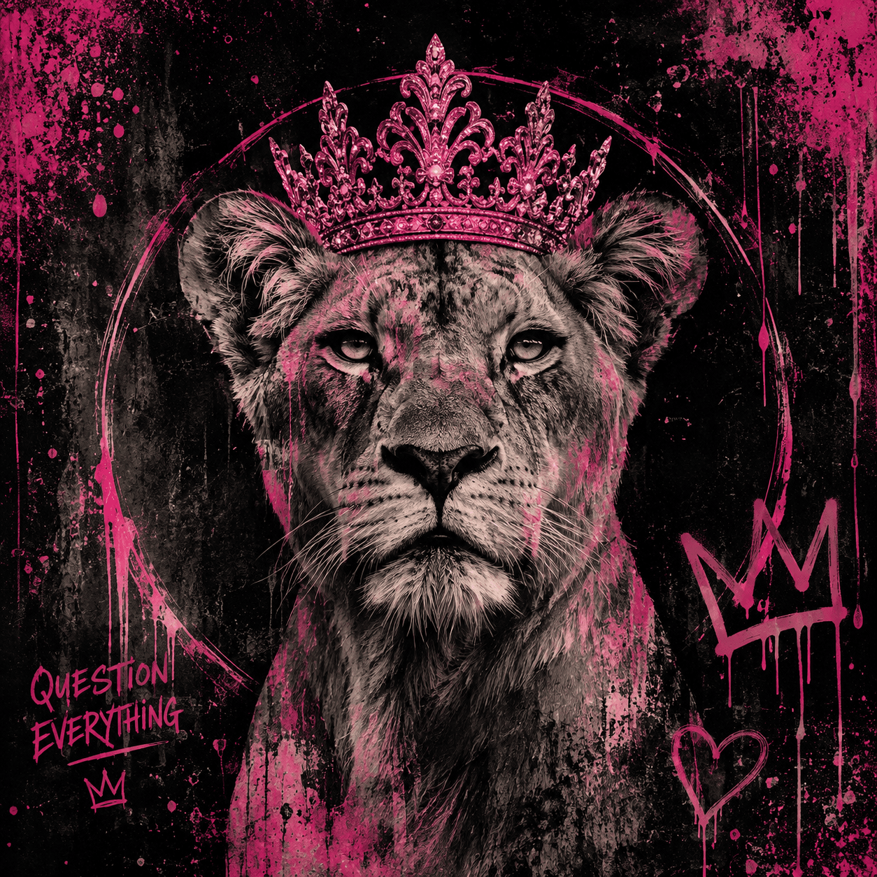 A book cover treatment: a lioness wearing a jewelled pink crown against black, with the words Question Everything.