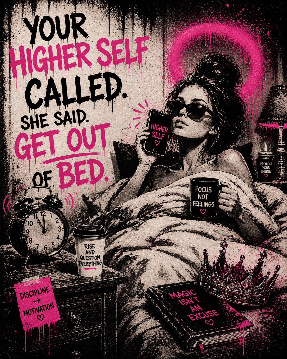 A woman in sunglasses lies in bed holding a phone showing a 'Higher Self' call, beside a mug reading 'Focus Not Feelings' and a crown on the covers, under the headline 'Your higher self called. She said. Get out of bed.'