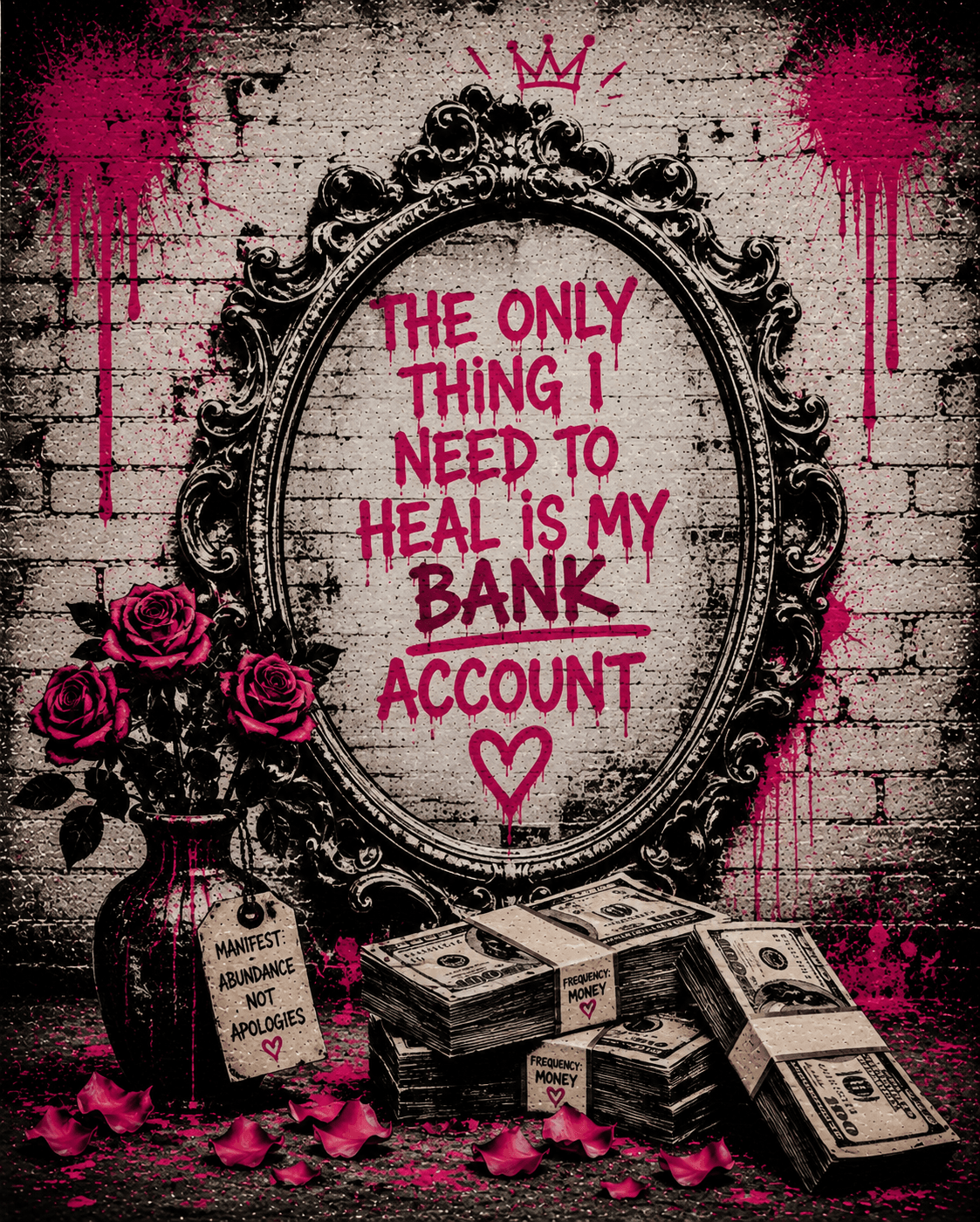 An ornate mirror reads 'the only thing I need to heal is my bank account', surrounded by roses and stacks of cash.