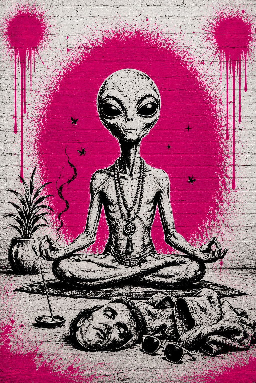 A grey alien in mala beads and an Om pendant sits cross-legged in meditation beside a person lying passed out in sunglasses, an incense stick and potted plant nearby.