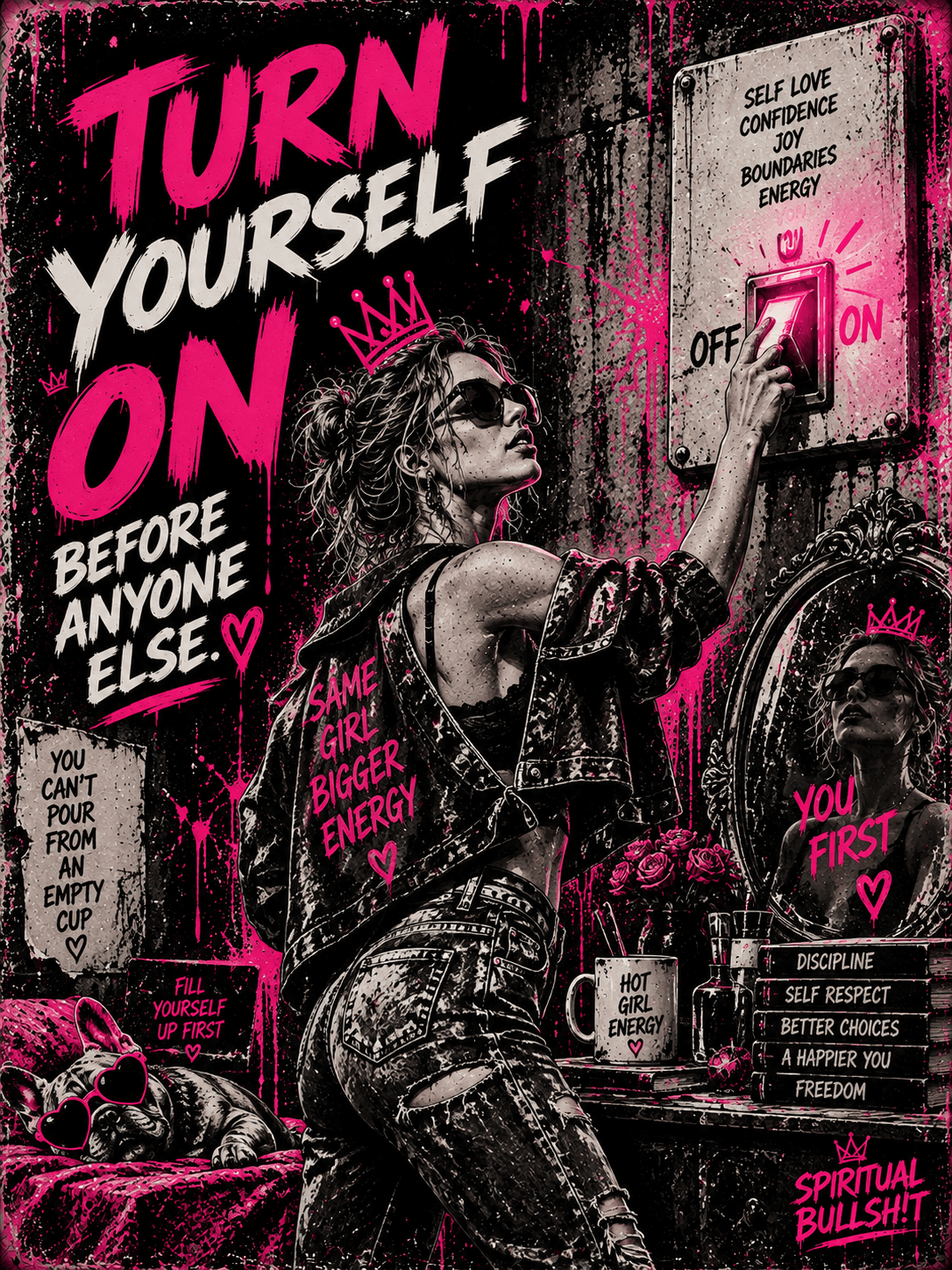 A woman in a leather jacket and crown flips a wall light switch labelled 'Off/On' beside a mirror reflecting her with the words 'You First', under the headline 'Turn yourself on before anyone else.'