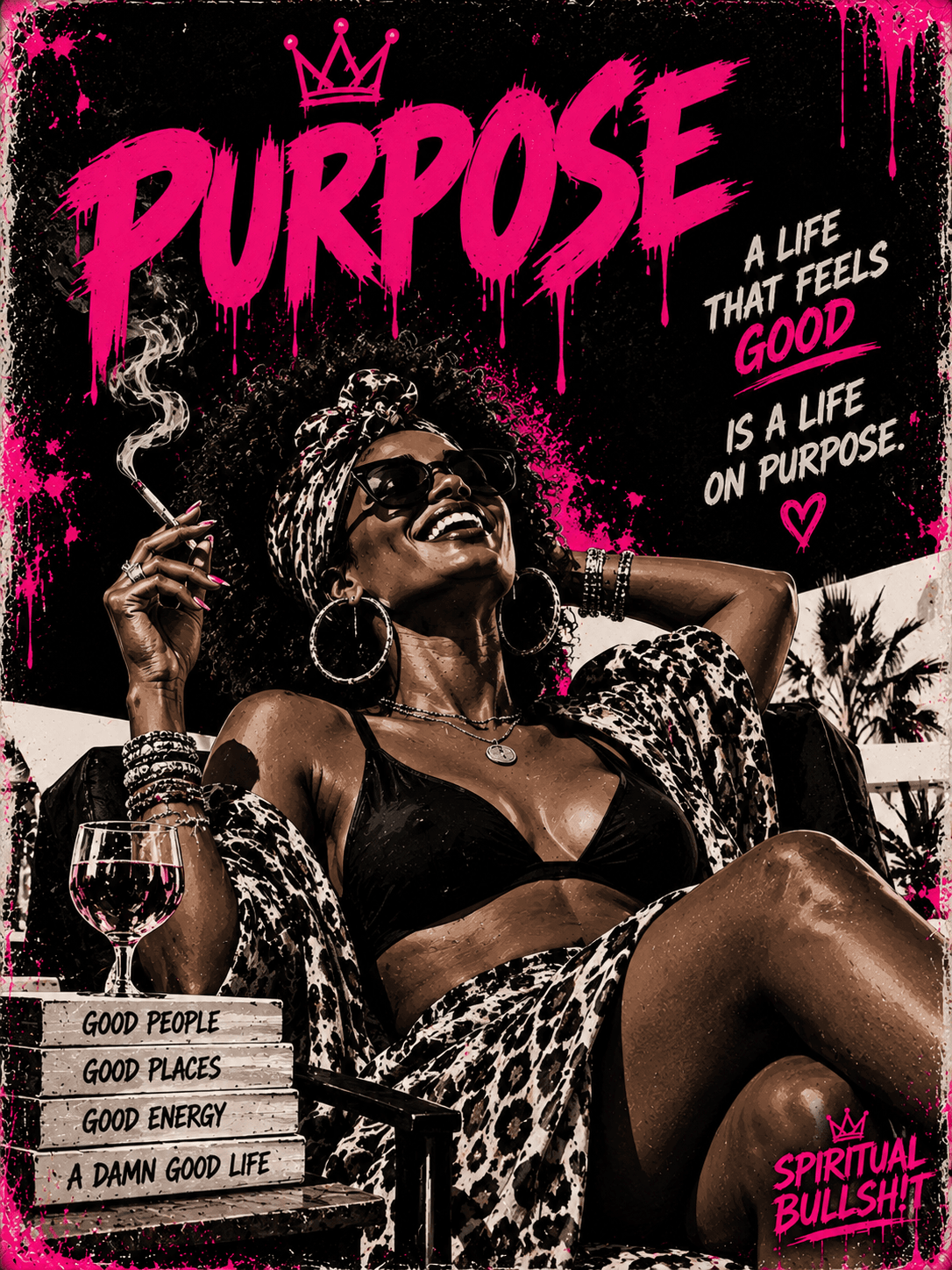 A Black woman with a curly afro in a leopard-print headscarf and sunglasses reclines laughing in a chair, smoking a cigarette with wine in hand, next to a stack of books reading Good People, Good Places, Good Energy, A Damn Good Life, palm trees behind her, under a pink graffiti 'PURPOSE' headline with a small crown.