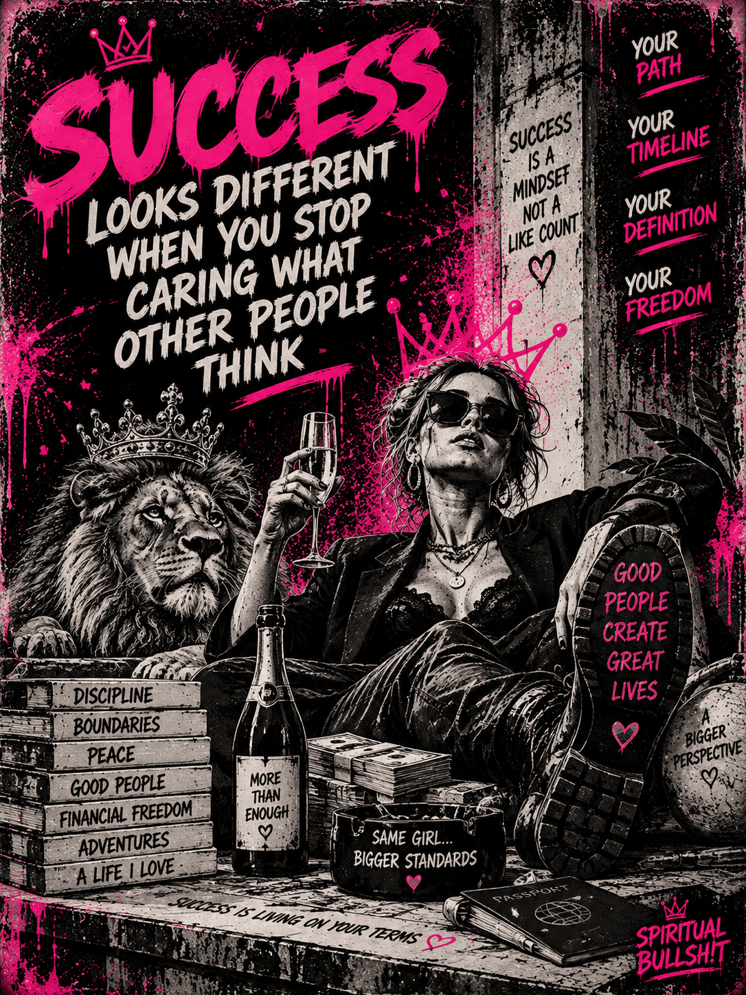 A woman in sunglasses and a crown reclines with a champagne glass beside a crowned lion resting on a stack of books reading Discipline, Boundaries, Peace, Good People, Financial Freedom, Adventures, A Life I Love, under the headline 'Success looks different when you stop caring what other people think'.