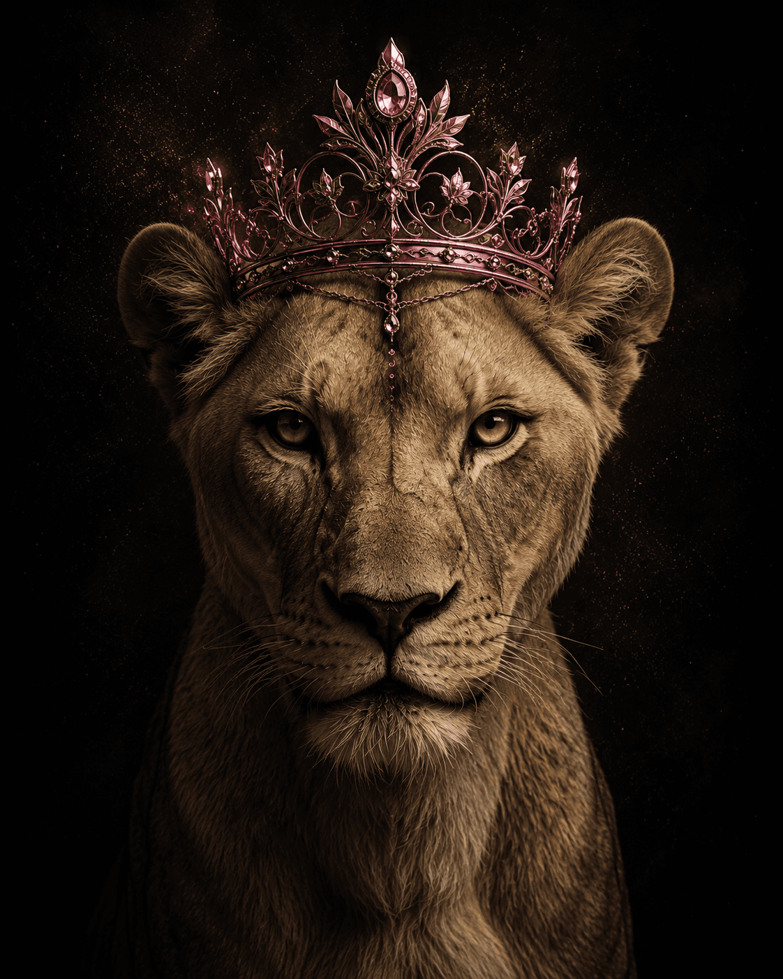 A lioness stares directly into the camera, wearing a jewelled pink crown, against a black background.