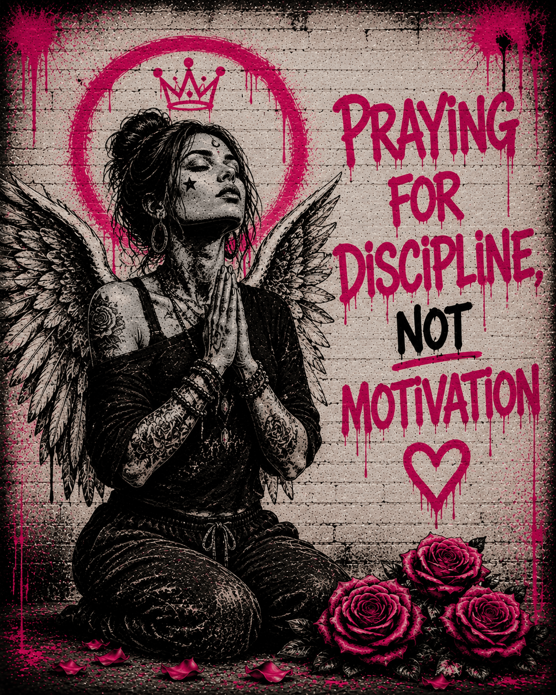A tattooed, winged figure kneels in prayer beneath a crown and halo, roses scattered at her feet.